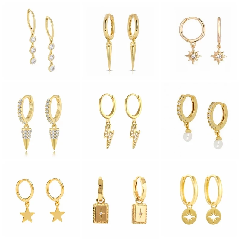 

Aide Gold Color Silver Color Lightning Bolt Star Pendant Hoop Earrings Women Padlock Zircon Cone Imitation Pearl Charm Earrings