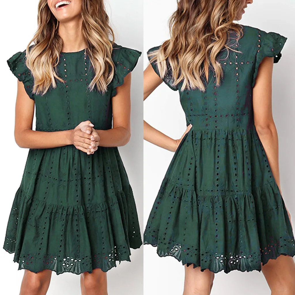 

ZOGAA Summer Ladies A-Line Mini Dress Women Ruffle Sleeve Hollow Out Chic Beach Dress Woman Casual Fashion Base O-Neck Dresses