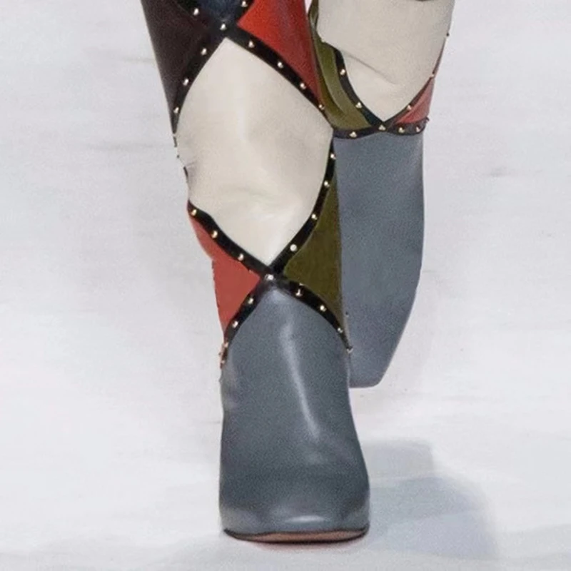 Modern Boots Rivets Ornament Color Block Fashion Model Shoes High Heel Knee High Boots for Women Ankle Booty Big Size 45