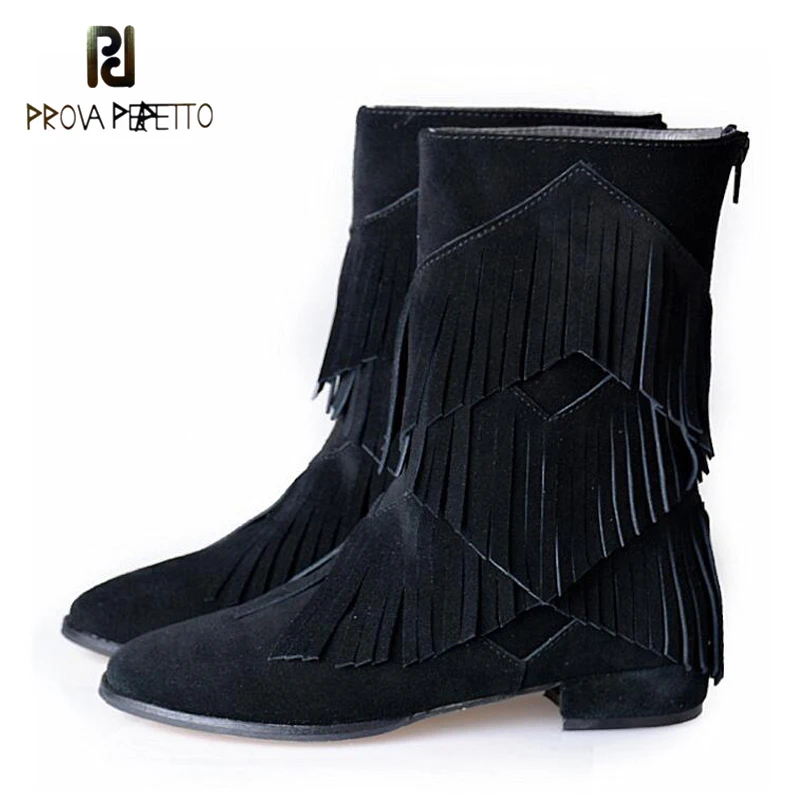 

Prova Perfetto Tassel Ankle Boots Suede Leather Flat Comfortable Nice Boots Trendy Fringe Martin Bootie All Match Style