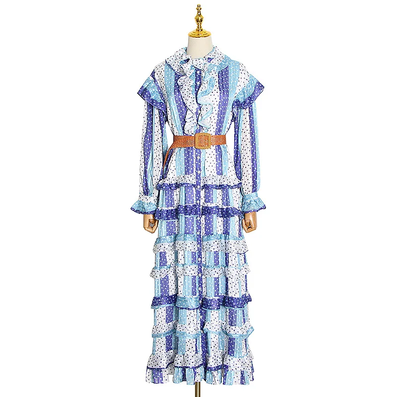 

Chao brand summer new fashion women's collar French retro temperament ruffled wave dot dress