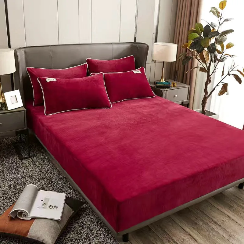 

Winter warm solid flannel elastic band fitted sheet mattress cover super soft queen king size bed sheet and pillowcases