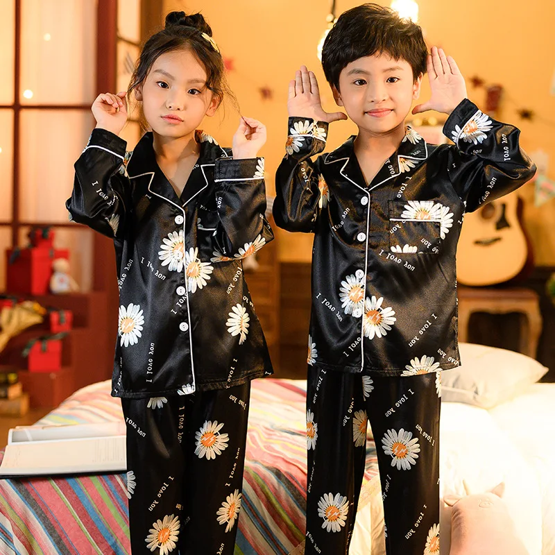 

2021 Spring Long Sleeves Children Pajamas Set Silk Kids Homewear Summer Girls Flower Sleepwear Satin Pyjamas Set For Girls Boys