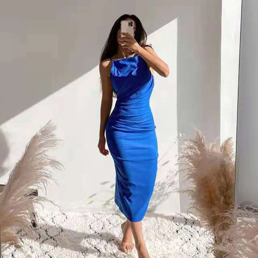 Женское Хлопковое платье с открытой спиной голубое приталенное винтажное миди