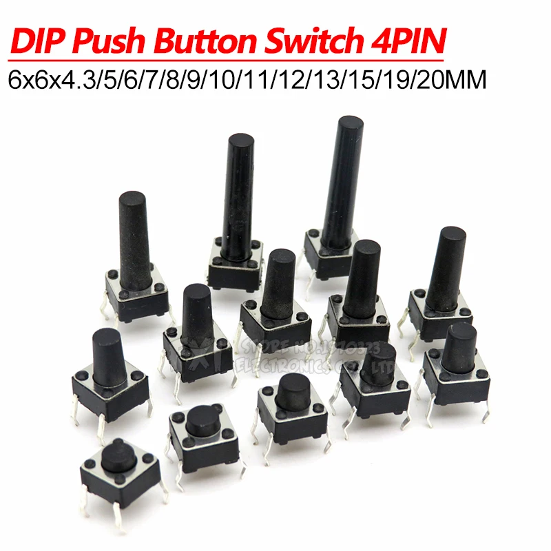 20 шт. DIP 4Pin 6*6 микро, тактовый кнопочный переключатель 6x6x4.3/5/6/7/8/9/10/11/12/13/14/15 мм 4,3 мм 5 мм 6 мм 7 мм 8 мм 9 мм 10 мм 11 мм