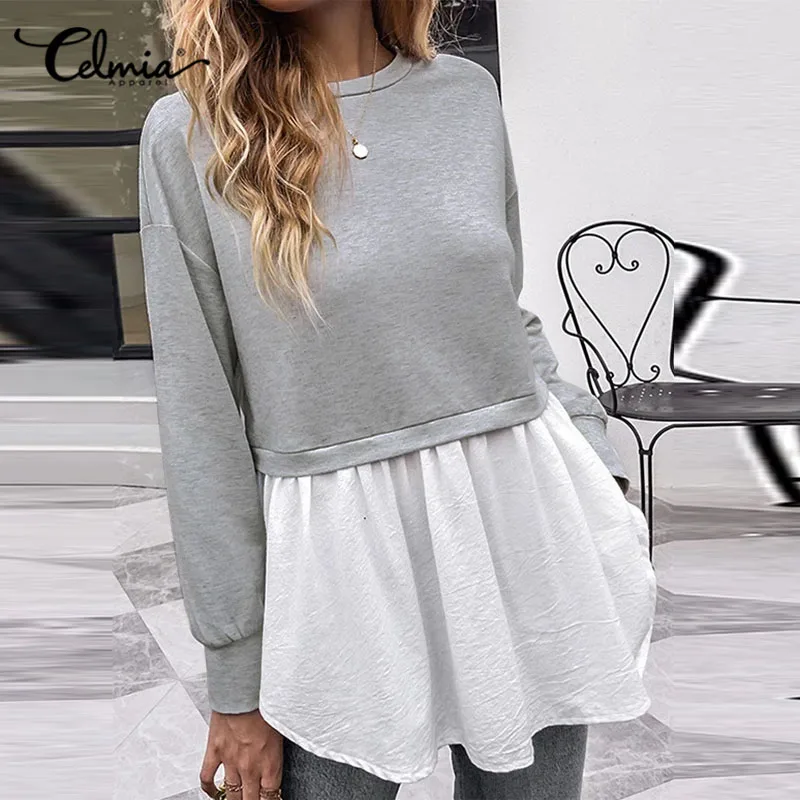 

Элегантные Топы Celmia с длинным рукавом, женские рубашки в стиле пэчворк с оборками на подоле, осень 2021, повседневные Однотонные блузки с круг...