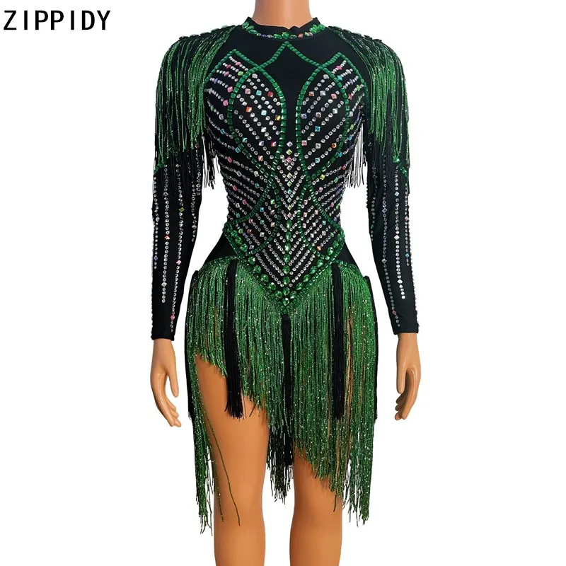 Зеленое серебристое мини-платье стразы из спандекса с кисточками боди для