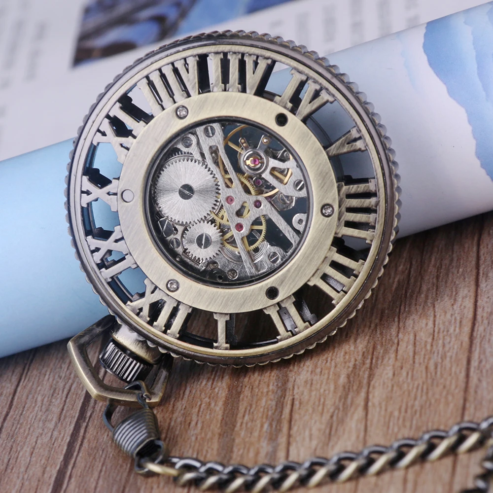 New Unique Hand Winding Mechanical Pocket Watch Chain Fashion Bronze Skeleton Carving Men Watches Christmas Gift