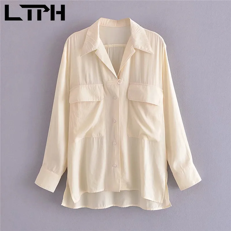 

LTPH vintage blouses for women long sleeve top loose Solid color single breasted casual mid-length pocket Shirt 2021 summer new