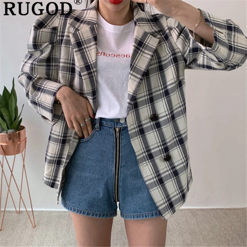RUGOD, модные женские клетчатые куртки ins, корейский стиль, с пышными рукавами, с длинным рукавом, на шнуровке, для офиса, для девушек, Блейзер, куртки, Ретро стиль, Auturm, пальто