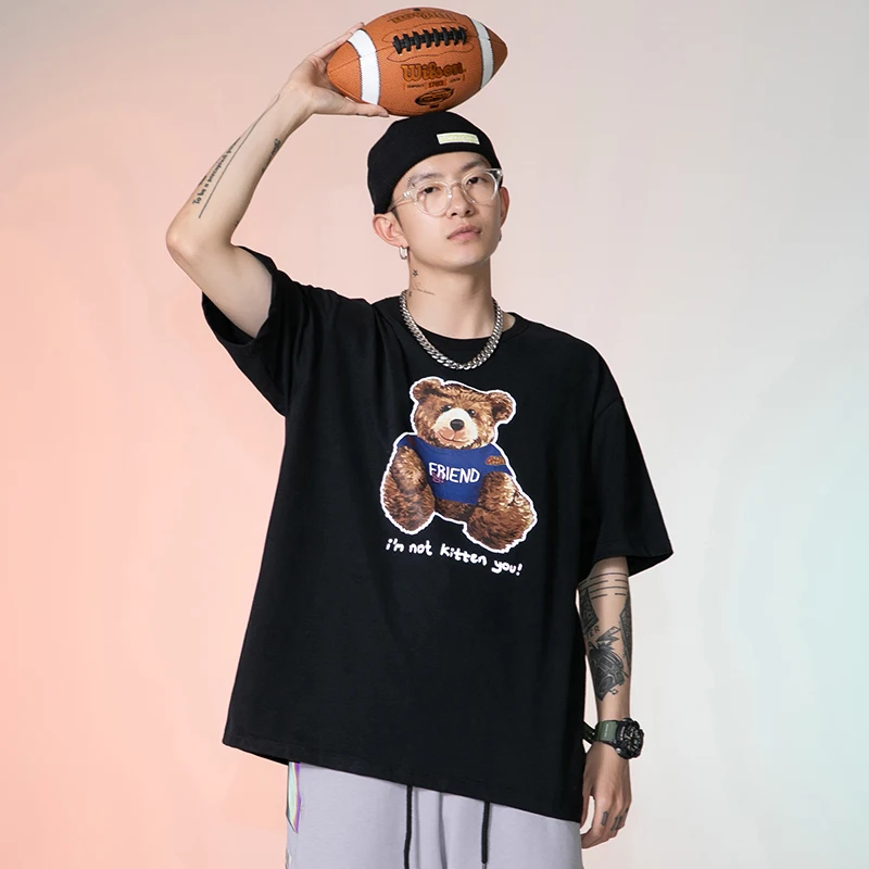 

LZCEHNG 2021 summer new ins doll bear short-sleeved T-shirt male reflective printing couple compassionate