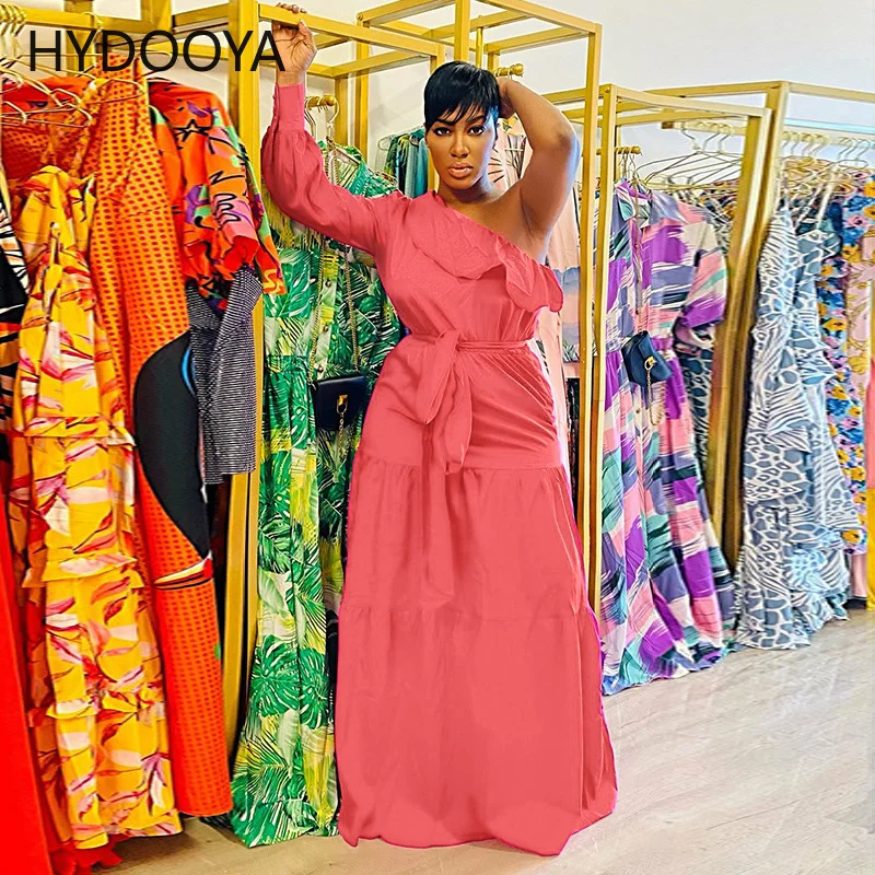 

One Shoulder Cascading Ruffle Cake Dresses Woman Full Sleeve Bandage High Waist Party Dress Sweet Black Red Floor Length Vestido