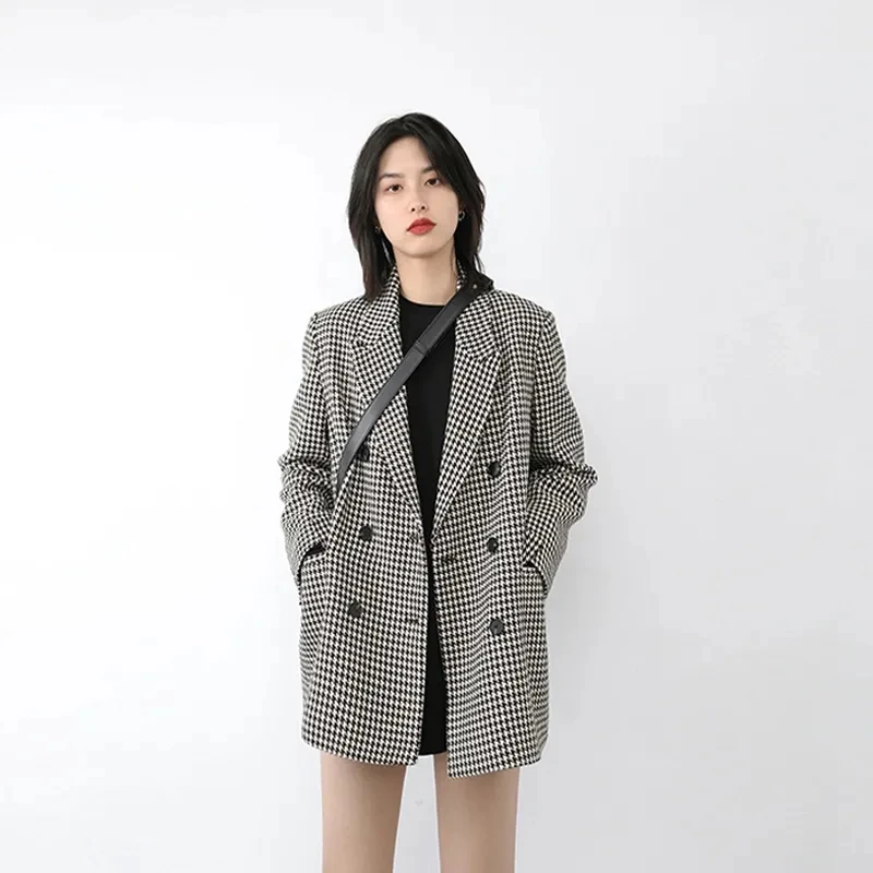 

Streetwear Fashion Double Breasted Suit Jackets Casual Business Blazers Jacket Women Korean Loose Notched Collar Woolen Coat