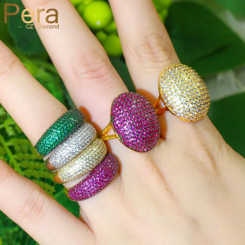 Pera High Quality Micro Full Cubic Zirconia Pave Luxury Bridal Engagement Party Big Round Open Adjustable Rings for Brides R154