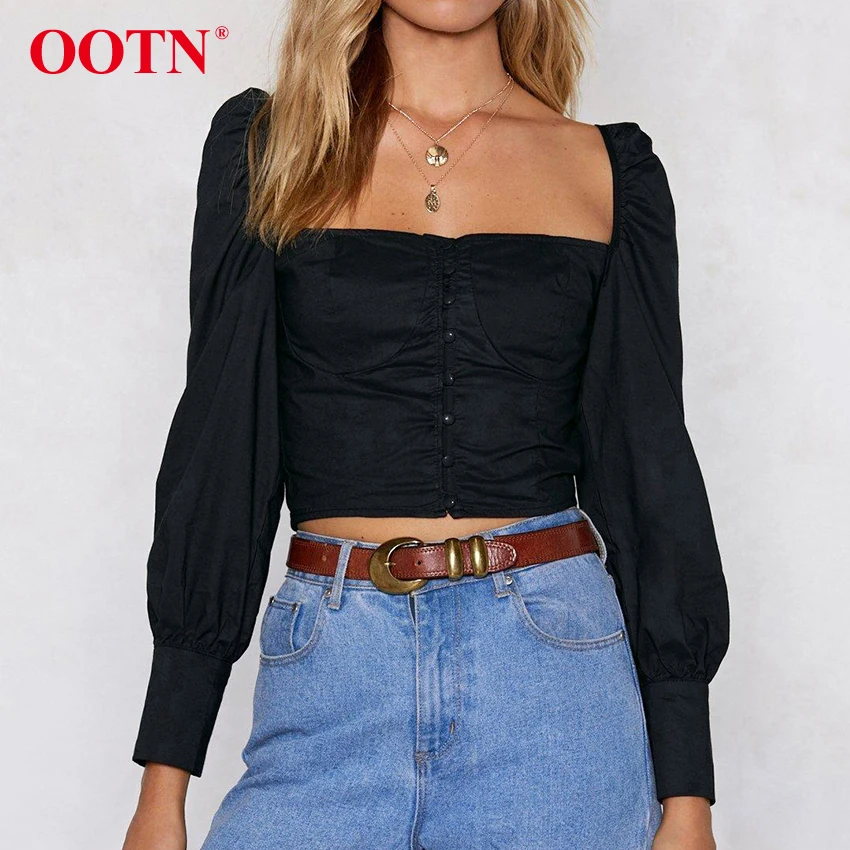 OOTN однобортный сексуальный черный укороченный Топ для женщин, с рюшами, с пышными рукавами, с квадратным воротником, блузки, женские осенние повседневные рубашки с длинным рукавом