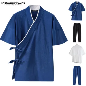 INCERUN мужские однотонные комплекты винтажная блуза с v-образным вырезом и коротким рукавом на шнуровке хлопковые брюки на завязках мужские повседневные костюмы из 2 предметов S-5XL