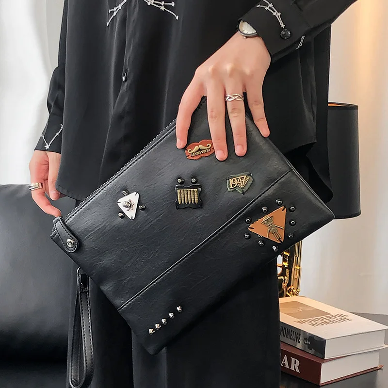

Personality Locomotive Style Clutch Bag for Men Slim Envelope Bag Wristlet Document ipad Storage Bags Leather Big Purse Trendy