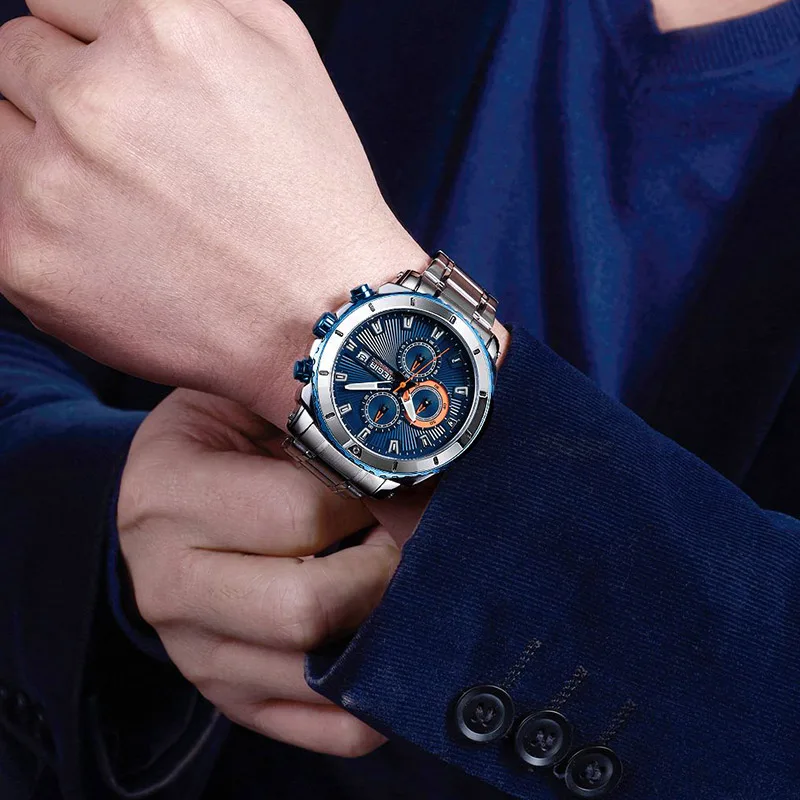 

Baogela Heren синий циферблат хронографа Кварцевые часы модные и т. д. вы можете использовать аналоговый Horloges Voor человек Lichtgevende Handen 2075