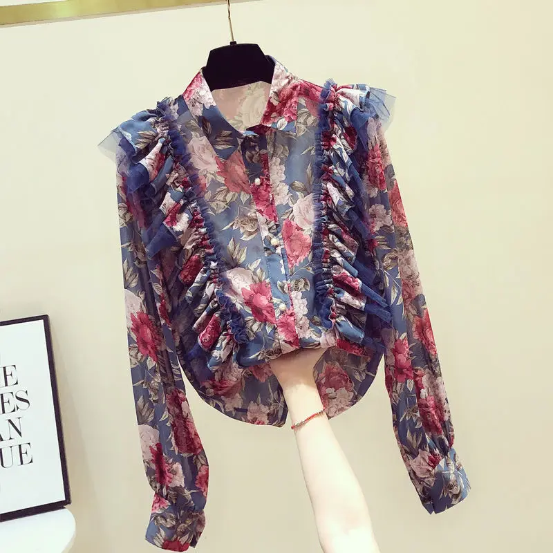

Sweet Ruffles Women Shirts Summer New 2021 Turn-Down Collar Long-Sleeved Loose Elegant Office Lady Outwear Tops