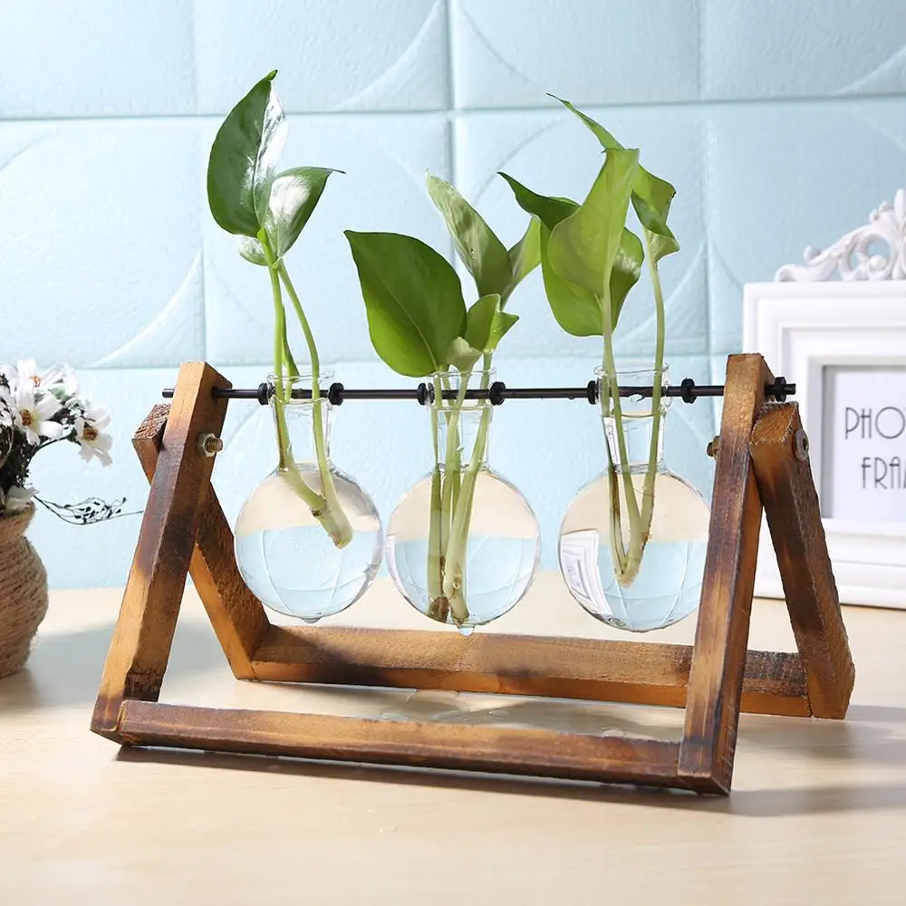 

Glass and Wood Vase Planter Terrarium Table Desktop Hydroponics Plant Bonsai Flower Pot Hanging Pots with Wooden Tray Home Decor
