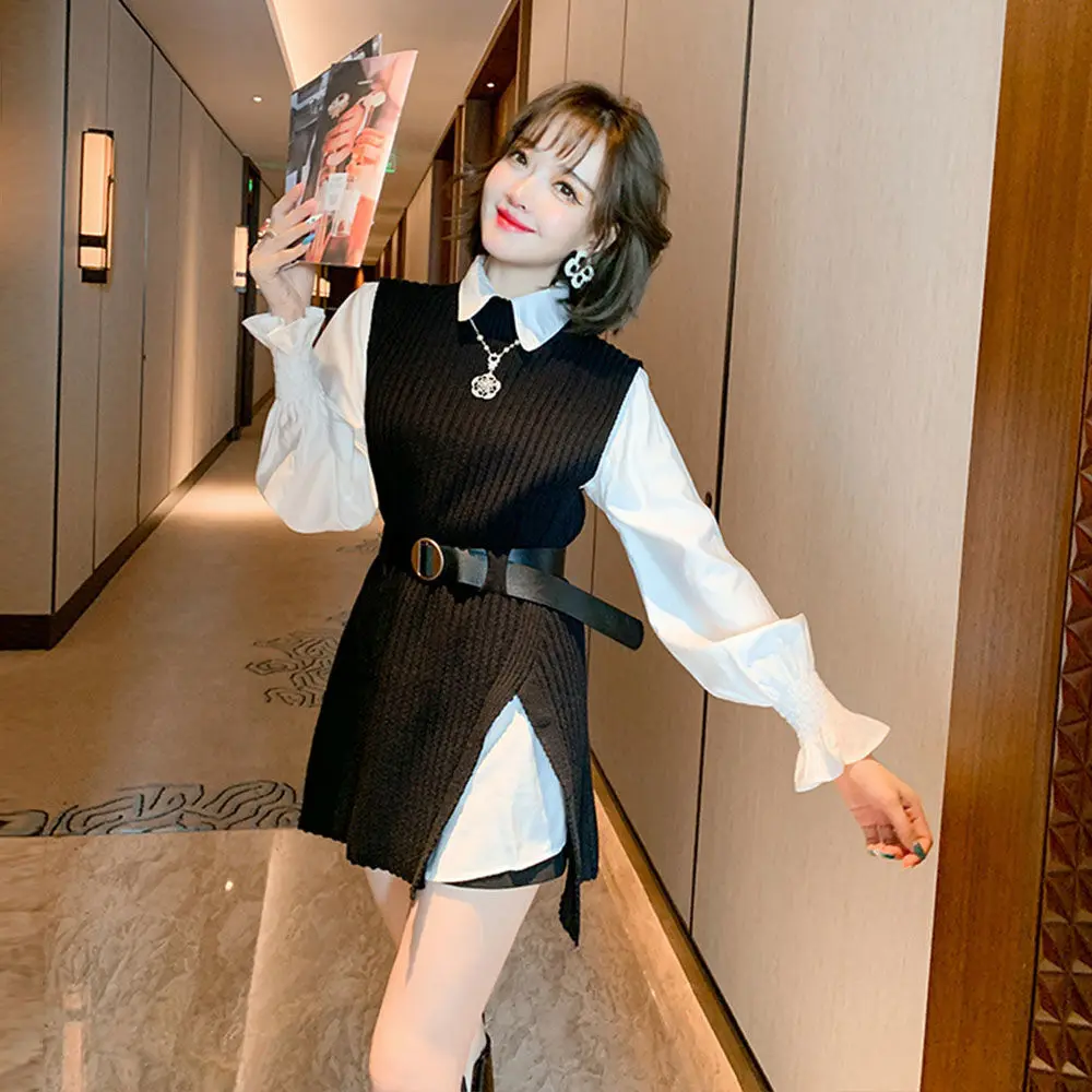 

Early Spring New Women's Fashion Lama Sleeve Lapel Shirt with Slit Knitted Vest Two Piece Set 2020 New Kawaii Top Woman Style