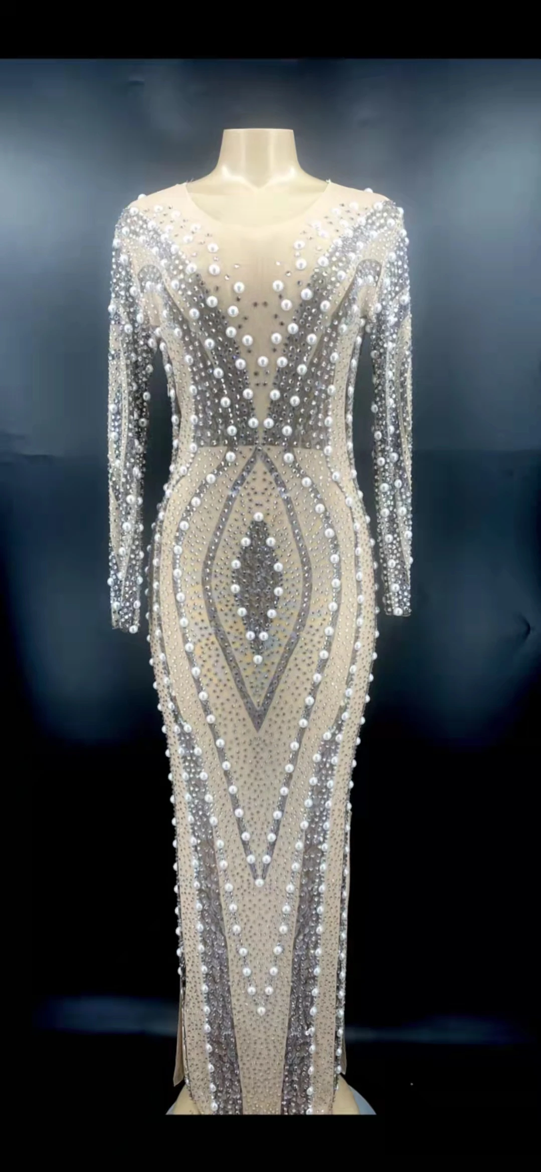 

Autumn new deep v-neck lace pearls long-sleeved dress costume dance traditional costume party exclusive sweet and sexy female ch