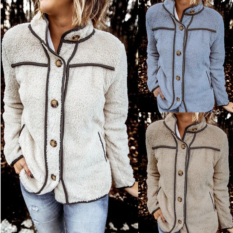 

Women's Splice Jacket Autumn Winter Fur Warm Button Down Fleece Cardigan Long Sleeve Stand Collar Coat Outerwear With Pockets