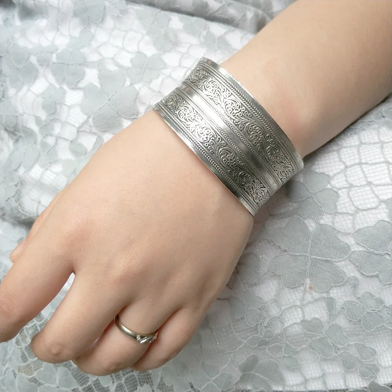 1 шт. этнический Ретро Серебряный Бронзовый Pulseira резьба цветок широкая цепь C