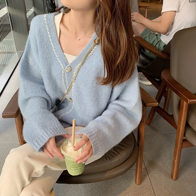 

Limiguyue милые женские однобортные свитера с V-образным вырезом осенние корейские милые свободные вязаные кардиганы однотонные нежные верхняя...