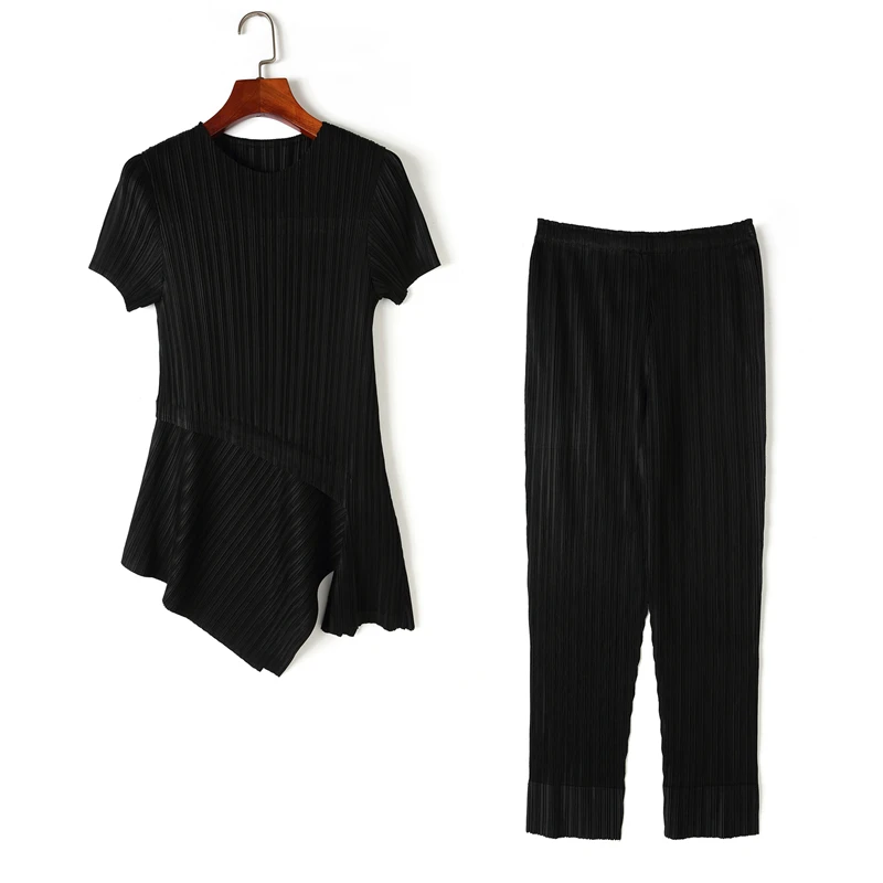 Pant Suits Women's Summer Elastic Miyake Pleated Two Piece Set Round Neck Short Sleeved Irregular Top + Split Straight Trousers