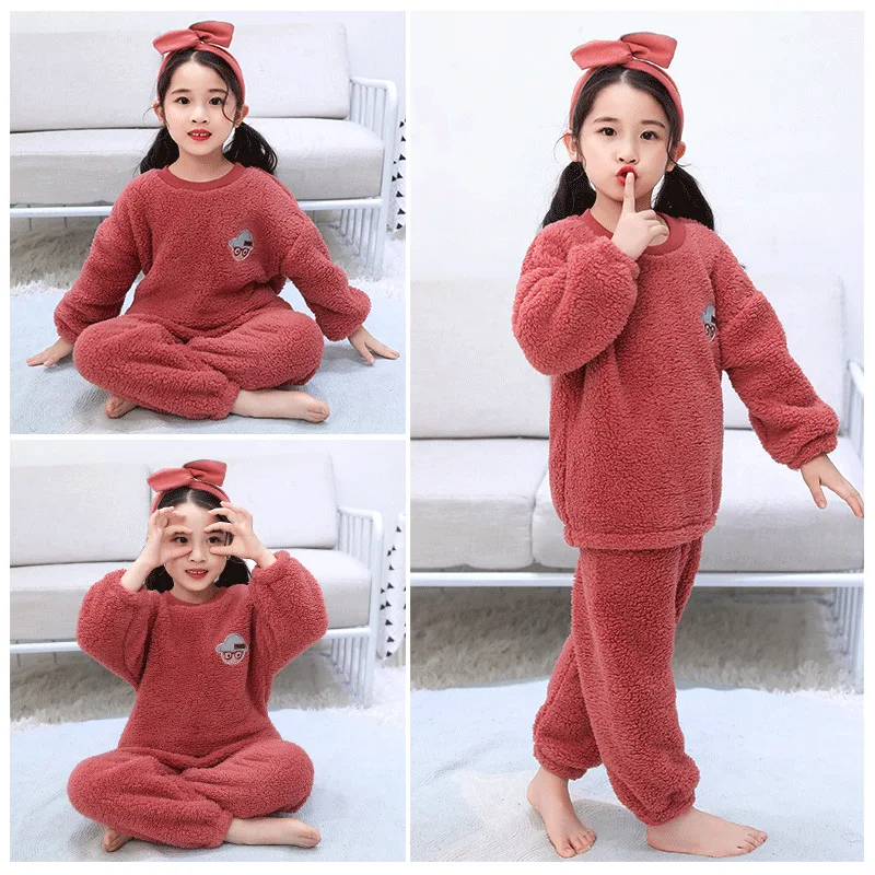 

Candy Color Autumn Winter Fleece Thicken Warm Pajamas Suit Flannel Kids Clothing Sleepwear Set Boy Girl Clothes Home Servic