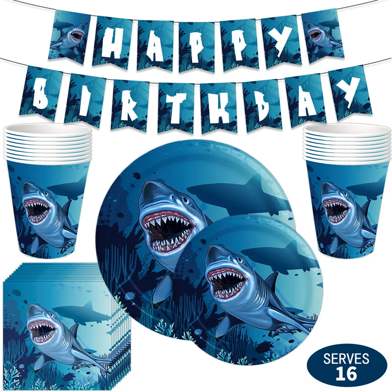 Platos de cumplea&ntilde;os con tem&aacute;tica de tibur&oacute;n para ni&ntilde;os, vasos, servilletas, conjunto de decoraci&oacute;n para fiesta, vajilla desechable para cumplea&ntilde;os, vajilla para fiesta al aire libre-0