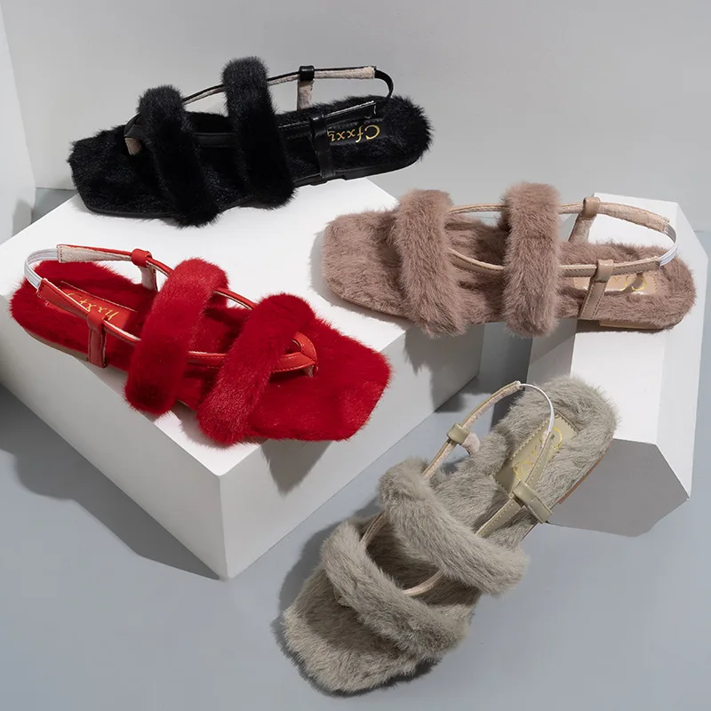 

Fashion Flip Flops Women's Flat Fur Shoes Sandals Slippers Solid Color External Wear Non-slip Square Head Size 37-42 Women Shoes