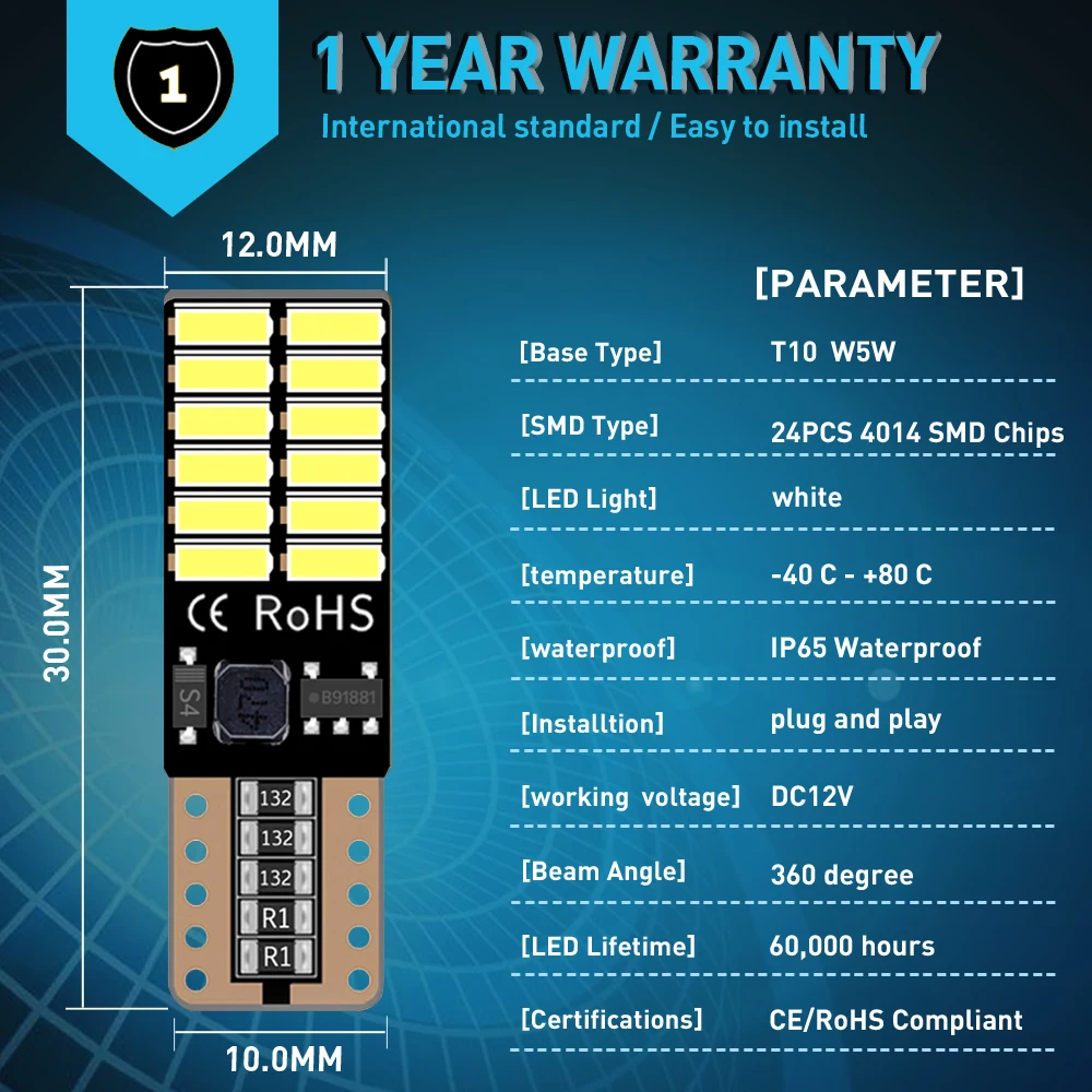 10 шт. Canbus T10 светодиодный лампы W5W 168 194 без ошибки 4014SMD белый 12V пластины огней