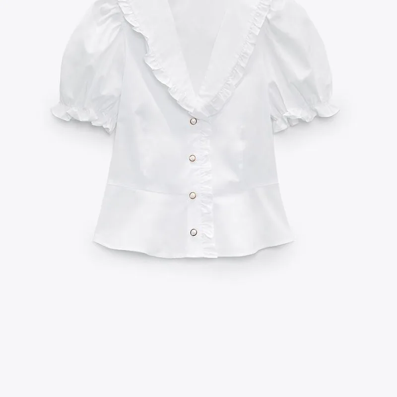

2021 ZA new women's all-match sweet slim Rhinestone Button ruffled shirt short-sleeved T-shirt top 3070262 3070/262
