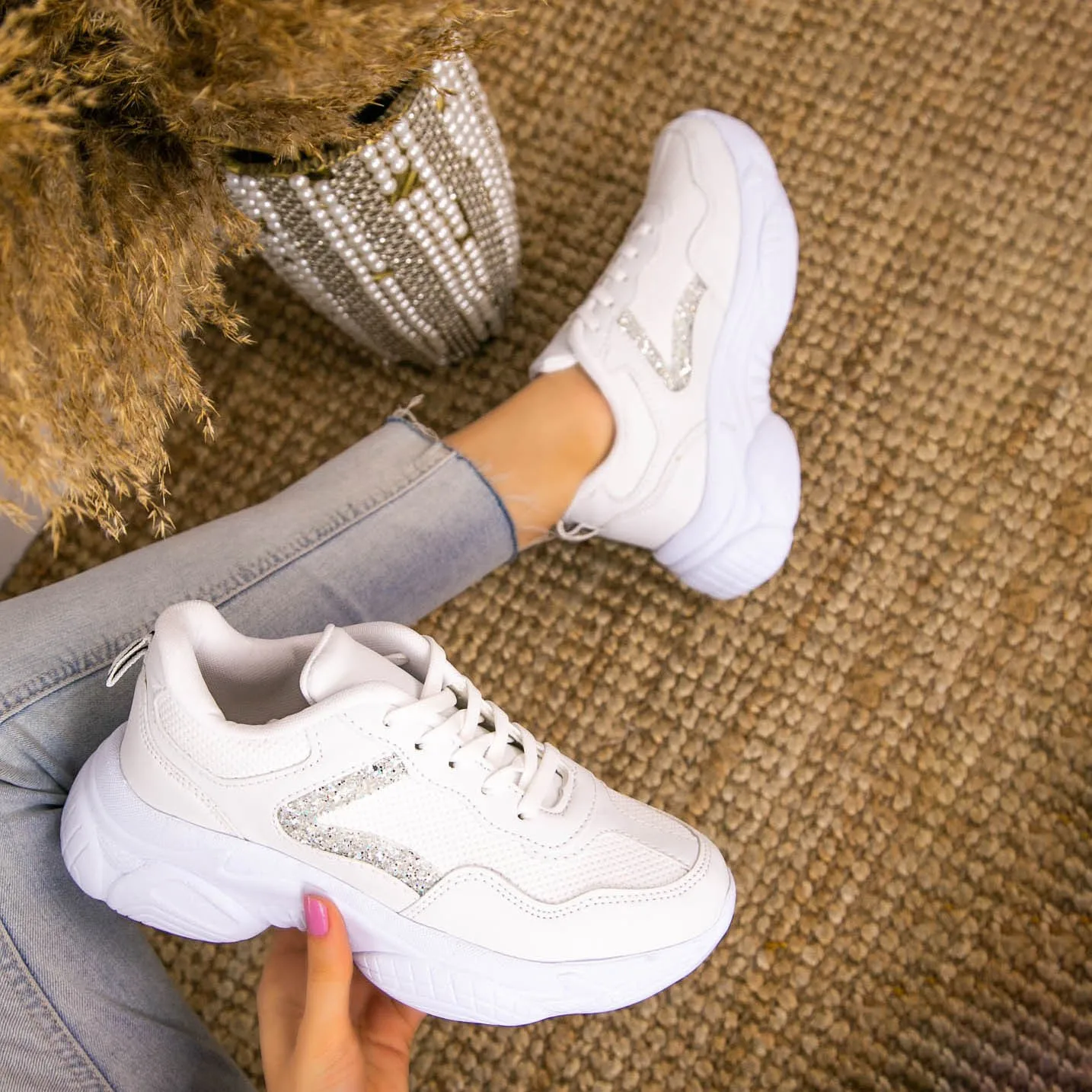 

BveA 2021 summer sporty thick-soled artificial leather walking shoes for womenJomox White Skin Silver Glitter Detail Shoes