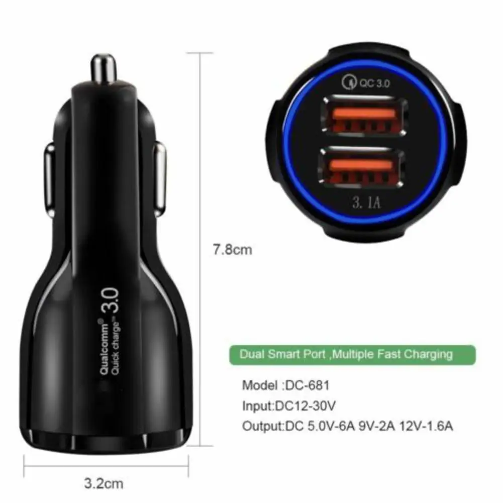 

Universal Dual USB Car Charger 9V, 12V-1.8A 5V 3.1A Charger LED Quick Dual Port 2 USB QC3.0 Fast Adapter Charging Light Car K1T1