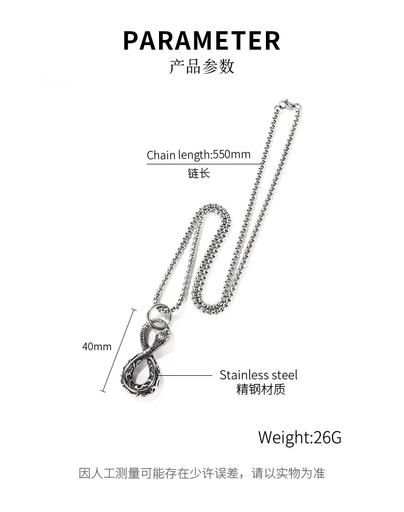 

Cyue Men's Fashion Retro Trendy Punk Stainless Steel Necklace Hip Hop 8 Character Snake Pendant