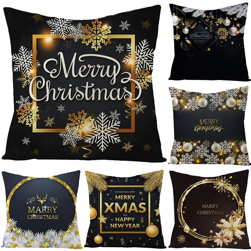 

Single-sided Printing Black Gold Christmas Cushion Cover Linen Deer Snowflake Throw Pillow Case Sofa Car Living Room Decoration