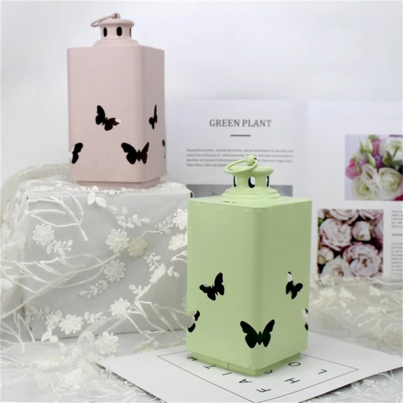 Американский подсвечник из кованого железа розового и зеленого цветов с металлическим фонарем для домашнего декора и мягкой ветрозащитой 30O16.