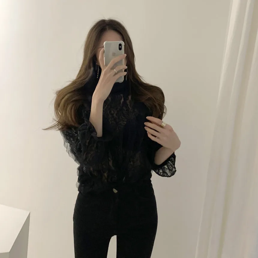 

Bornsra New Fashion 2020 OL Mesh Lace Shirt Crochet Flower Blouses Stand Collar Puff Sleeve Shirts Female Hollow Out Tops Female
