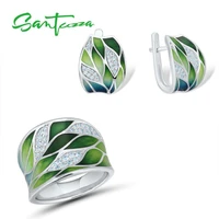 santuzza 925 silver jewelry set for women green bamboo leaves dazzling earrings ring set elegant fine jewelry handmade enamel