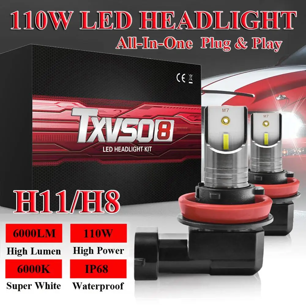 

2Pcs H11/H8 LED Headlight High or Low Beam Bulbs 110W 6000LM 6000K White for Car Modified and Repair