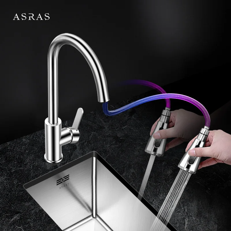 

Asras-3056 304 stainless steel faucet Hot and cold mixer kitchen tap pull out single handle sprayer switch
