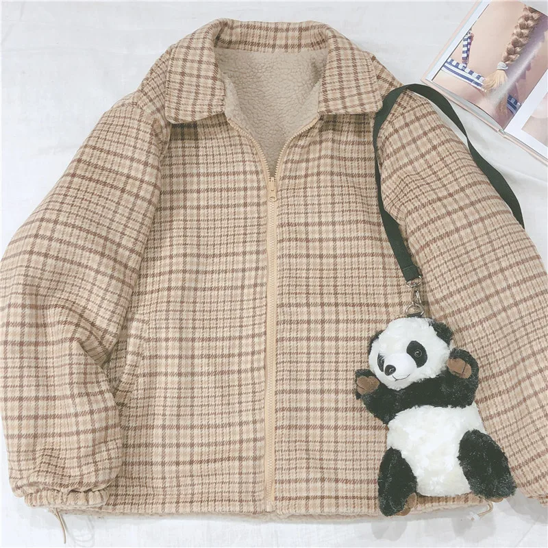 

Lamb wool Coat Bear Embroidery Cute Women Student Thicken Plaid Jacket Small Fresh Soft sister Loose Long Sleeve Outer Wear Tops