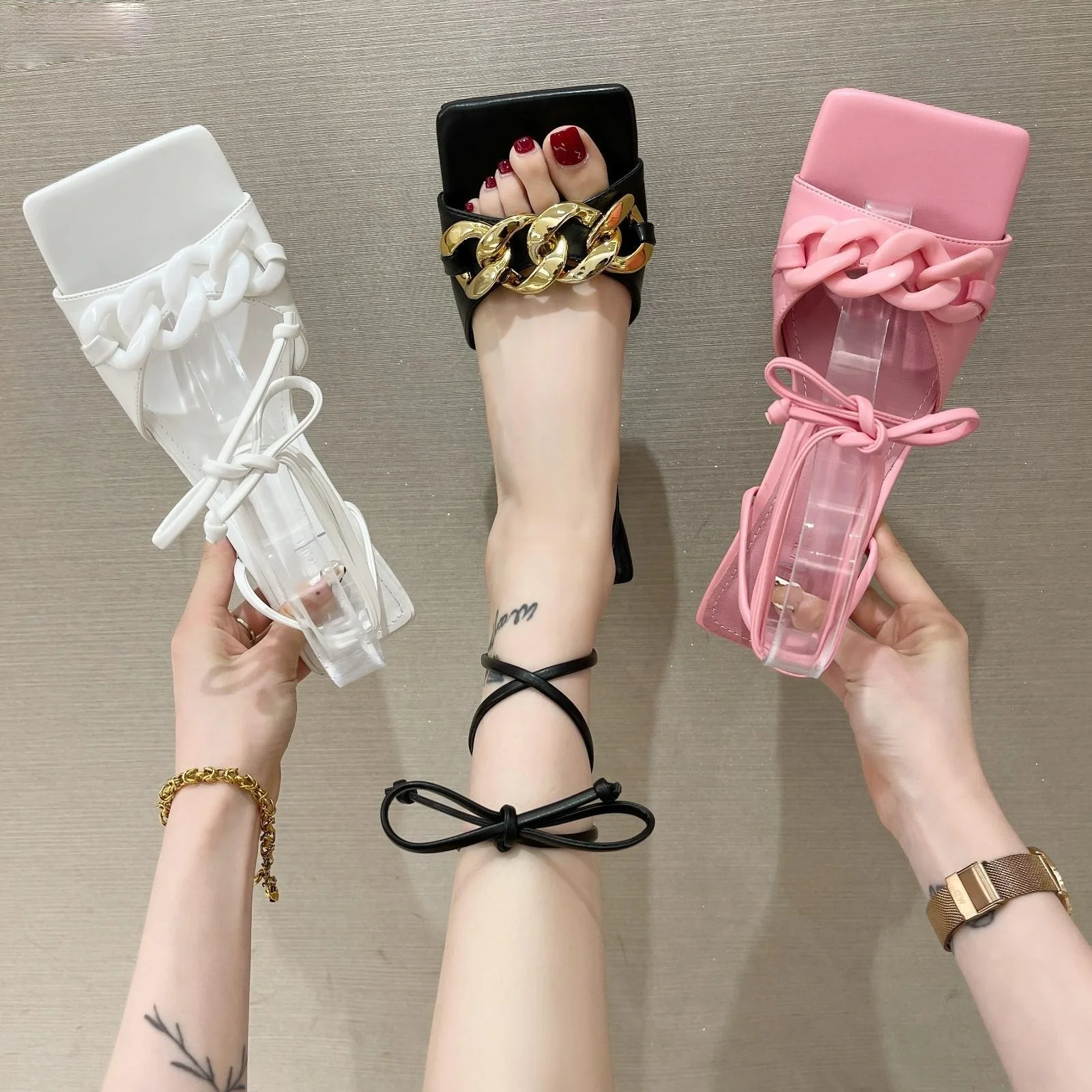 

2021 Women Summer High Heel Sandals Real Leather Narrow Band Metal Chain Ankle Strap Sandalias Sexy Party Wedding Dress Shoes