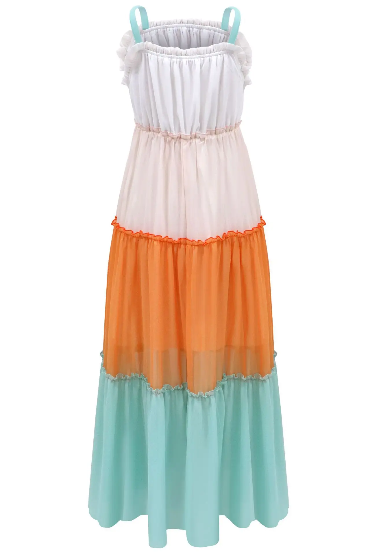 

2021 summer new holiday style sleeveless sling stitching color dress long skirt