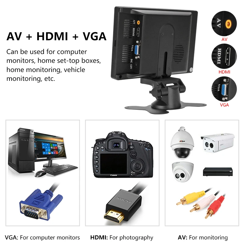Jansite 7 inch LCD HD Car Monitor Rear View Camera HDMI/VGA/AV/ 2 Channel Video Input Security DVD player Waterproof | Автомобили и