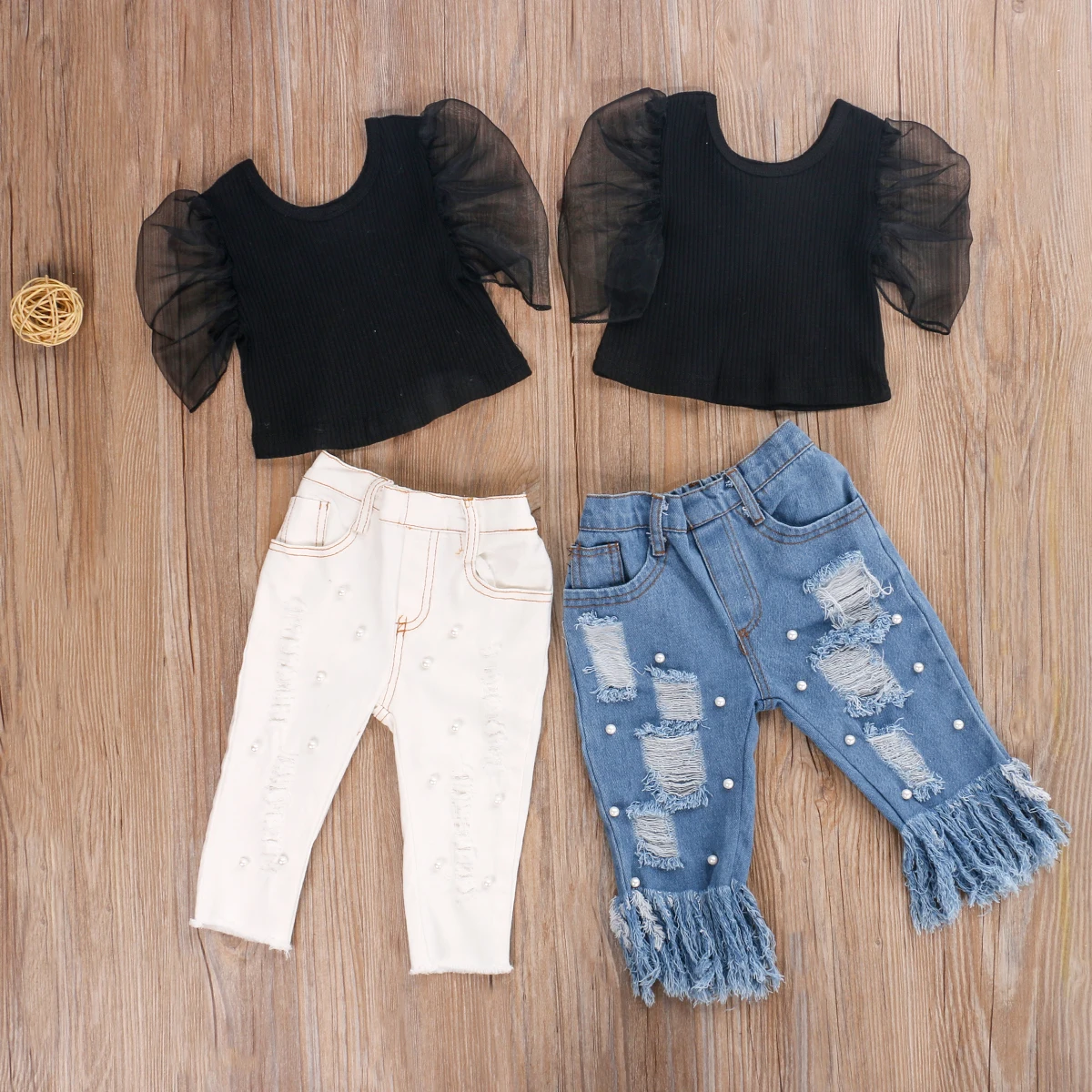 Summer Kids Girl Sets Clothing Fashion Mesh Puff Sleeve Black Crop Tops+Beads Holes Flare Pants Child Streetwear Outfits |