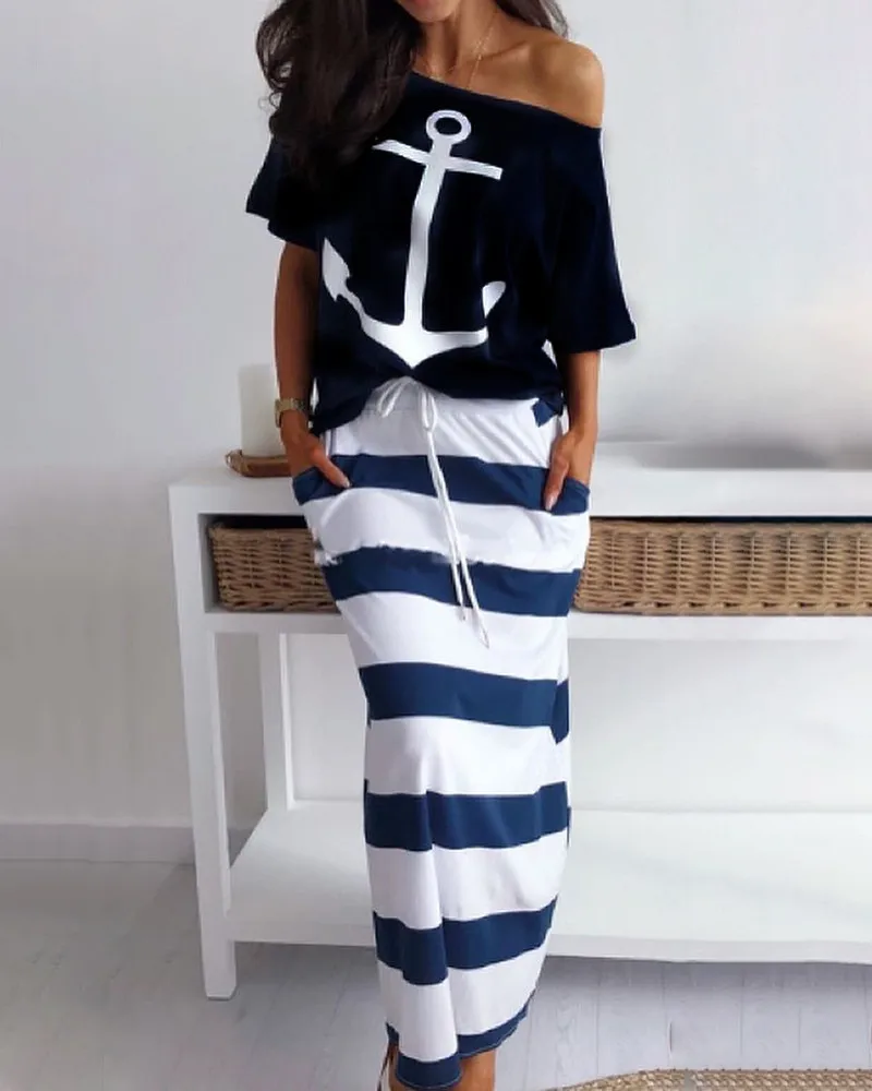 

2021 hot style navy casual anchor print short-sleeved T-shirt + skirt suit